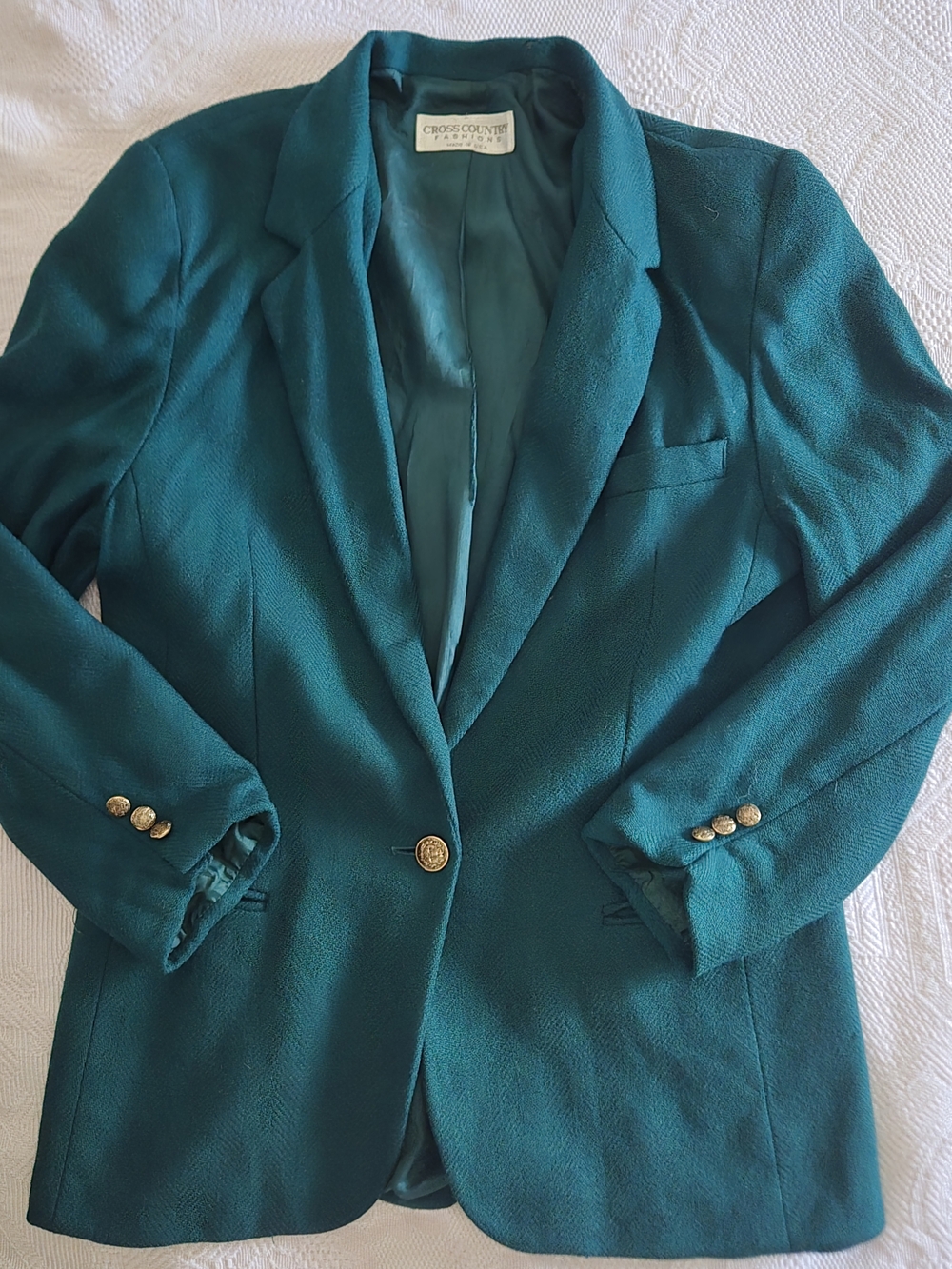 Cross Country Fashions Emerald Teal 100% Wool Single-Button Women Blazer Size 14